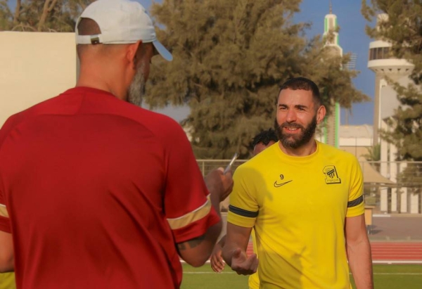 Al-Ittihad's French football sensation Karim Benzema and Portuguese head coach Nuno Santo.
