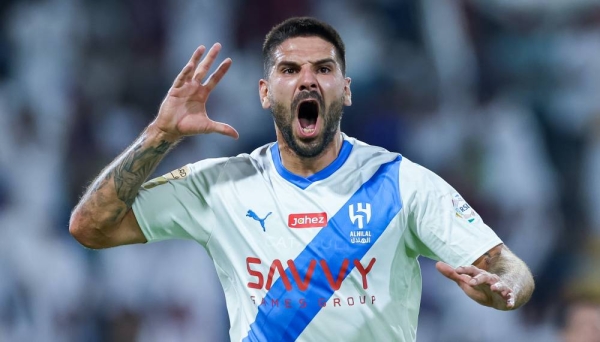 Aleksandar Mitrovic celebrates his first goal with Al-Hilal. 