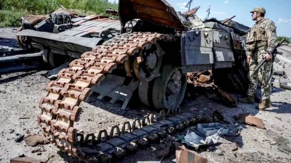 A photo purportedly showing a Ukrainian soldier near a destroyed tank near Ukraine’s southern village of Robotyne. — courtesy Reuters