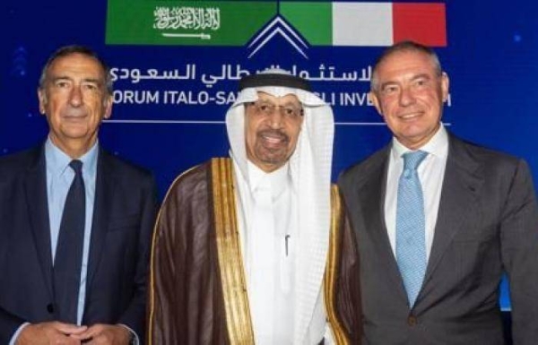 Minister of Investment Khalid Al-Falih being received by senior Italian officials during the Saudi-Italian Investment Forum in Milan on Monday.
