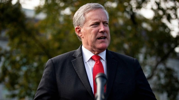 White House Chief of Staff Mark Meadows speaks to reporters following a television interview, outside the White House in Washington, DC, on October 21, 2020.