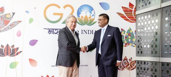 UN Secretary-General António Guterres is received by the Joint Secretary, Ministry of External Affairs, Prakash Gupta on his arrival in New Delhi for the G20 summit. — courtesy UN India/Ruhani Kaur