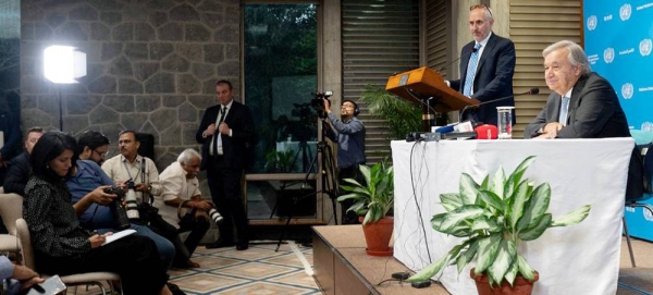 UN Secretary-General António Guterres (right) briefs journalists at a press conference at the G20 summit in New Delhi, India. — courtesy UN India/Ruhani Kaur