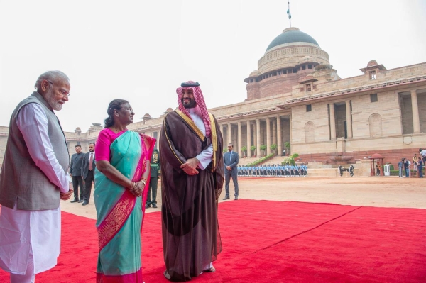 Indian Prime Minister Narendra Modi and President Droupadi Murmu extended a gracious welcome to the Saudi Crown Prince at Rashtrapati Bhavan on Monday.