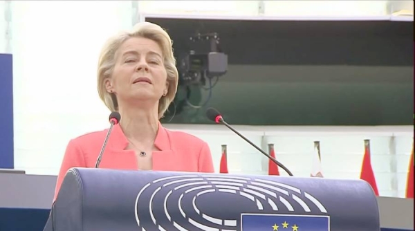 European Commission (EC) President Ursula von der Leyen, seen in this file photo, makes her annual State of the Union address at the European Parliament Wednesday.