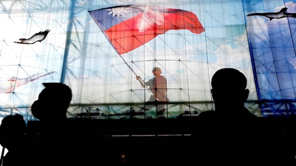 Taiwanese flags are seen at the Ministry of National Defense in Taipei.