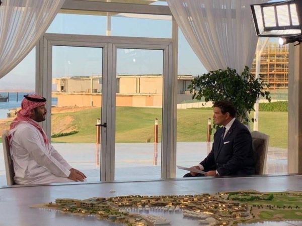 Crown Prince and Prime Minister Mohammed bin Salman is with Bret Baier, chief political anchor of Fox News, during the interview at NEOM.