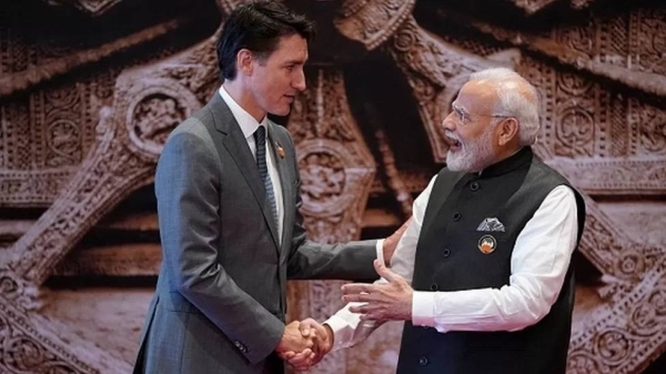India's Prime Minister Narendra Modi (R) shakes hand with Canada's Prime Minister Justin Trudeau ahead of the G20 Leaders' Summit in New Delhi on September 9.