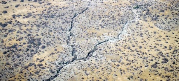 An aerial photograph of the dried up Juba river in Somalia. Prolonged droughts due to worsening climate change impacts affect millions of people in the Horn of Africa region. — courtesy UN Photo/Fardosa Hussein