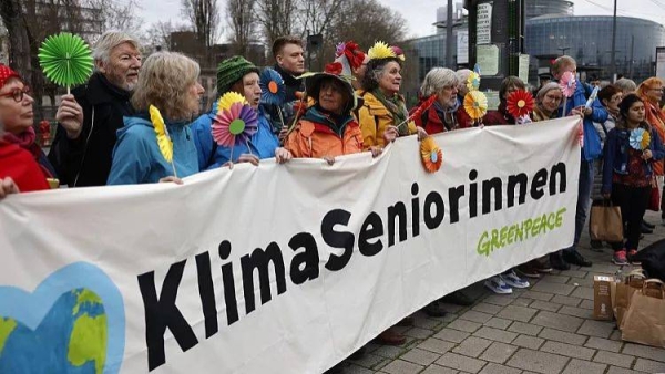 Swiss seniors are protesting outside the European Court of Human Rights on March 29, 2023 in Strasbourg, eastern France
