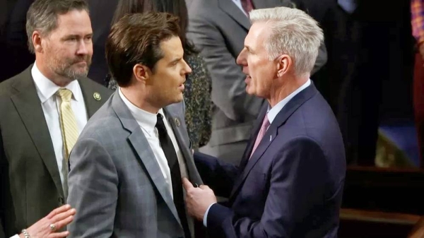 Republican Congressman Matt Gaetz (center) has publicly threatened to oust Kevin McCarthy (right) as Speaker. — courtesy Getty Images
