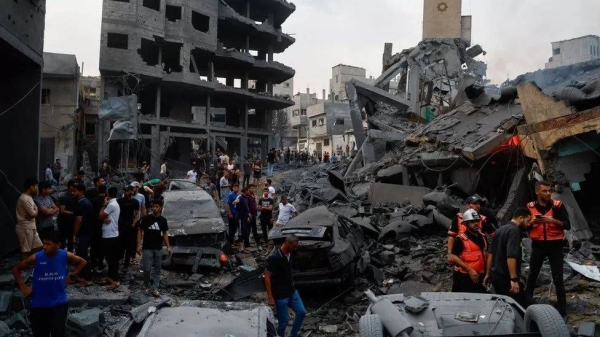 Gaza streets covered with rubble from collapsed buildings following Israeli airstrikes