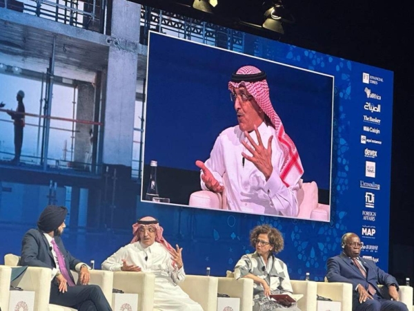 Saudi Minister of Finance Mohammed Aljadaan speaks at the seminar in  Marrakech, Morocco.