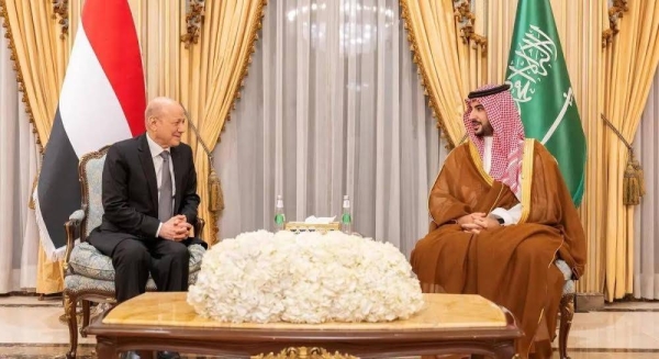 Saudi Defense Minister Prince Khalid bin Salman holds talks with Dr. Rashad Mohammed Al-Alimi, chairman of the Yemeni Presidential Leadership Council, in Riyadh on Wednesday.