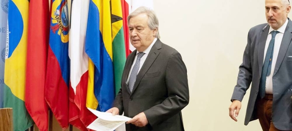 The UN Secretary-General António Guterres makes his way to the Security Council media point to address reporters. — courtesy UN Photo/Mark Garten