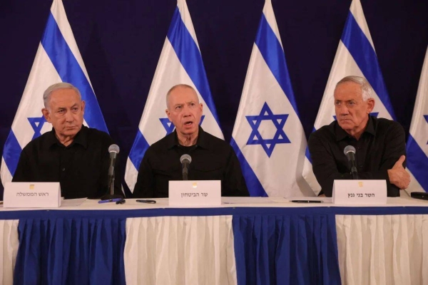 Netanyahu, left, holds a press conference in the Kirya military base in Tel Aviv, Israel