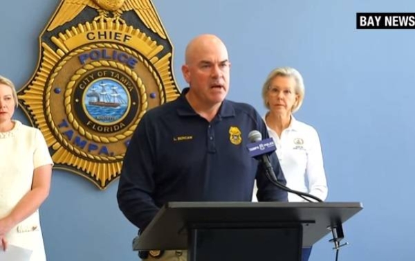 Tampa Police Chief Lee Bercaw speaks to the media.