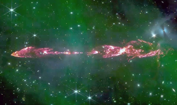 Moving at the speed of light, it would take about 1.6 years to travel the length of HH212’s jets. — courtesy NASA/ESA/CSA/M. McCaughrean & S. Pearson