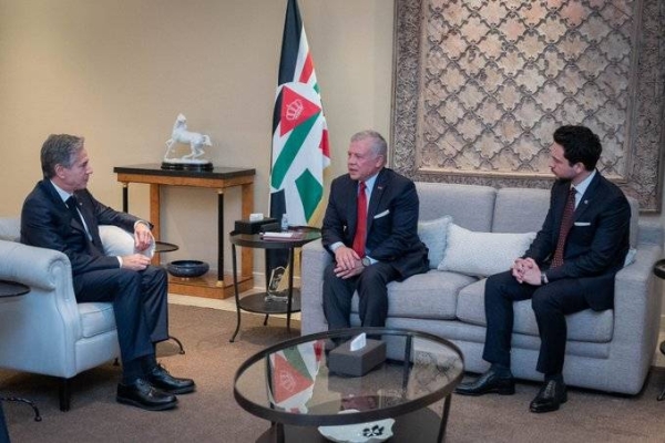 US Secretary of State Blinken with King Abdullah II and Crown Prince Al Hussein on the Israel-Hamas conflict and our work to facilitate the delivery of humanitarian assistance to civilians in Gaza.