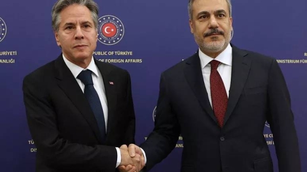 Antony Blinken (R) is welcomed by Turkish Foreign Minister Hakan Fidan prior to their meeting in Ankara, on November 6, 2023