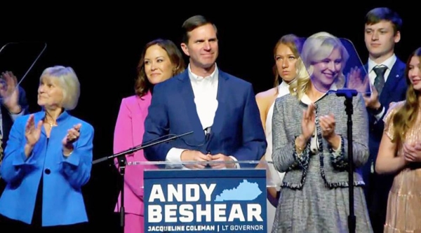 Democrat Gov. Andy Beshear speaks after his victory was called on Tuesday.