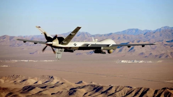 US officials said the MQ9 drone, pictured here in a training photo over Nevada, was shot down over the Yemeni coast