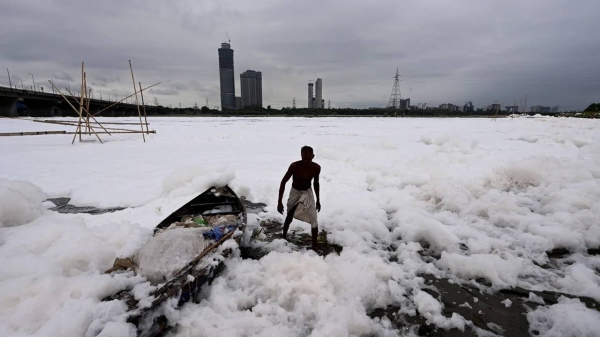 Yamuna river covered with a thick layer of toxic foam due to water pollution near Kalindi Kunj, on September 10, 2023 in New Delhi, India