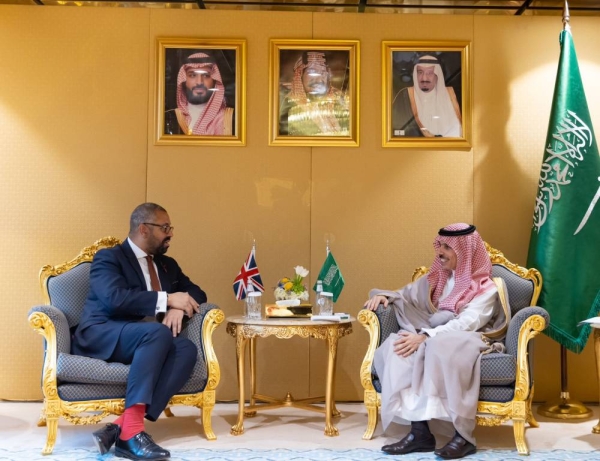 Prince Faisal bin Farhan meets with British Foreign Secretary James Cleverly in Riyadh on Thursday.