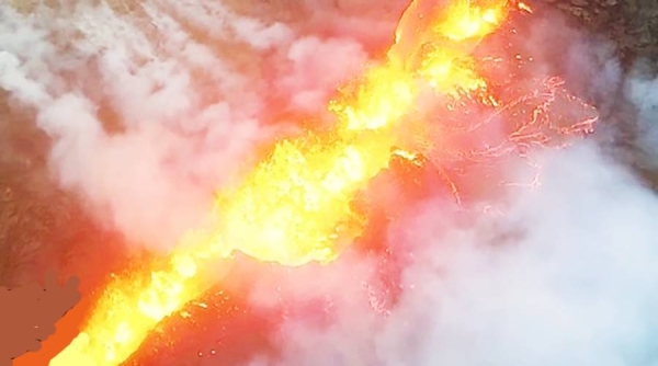 Drone footage from July shows volcanic activity in the Fagradalsfjall area.