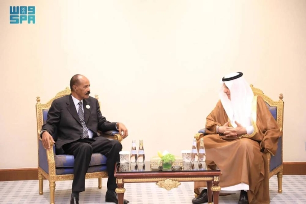Eritrea's President Isaias Afwerki and Saudi Arabia's Minister of Environment, Water, and Agriculture Eng. Abdulrahman Bin Abdulmohsen Al-Fadhli discuss the aspects of cooperation in fields of agriculture, fisheries and livestock in Riyadh