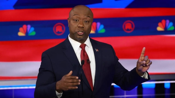 Sen. Tim Scott speaks during the third GOP presidential debate in Miami on November 8, 2023