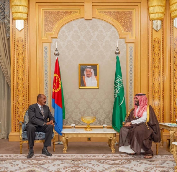 Crown Prince Mohammed bin Salman holds talks with President Isaias Afwerki of Eritrea in Riyadh on Monday.