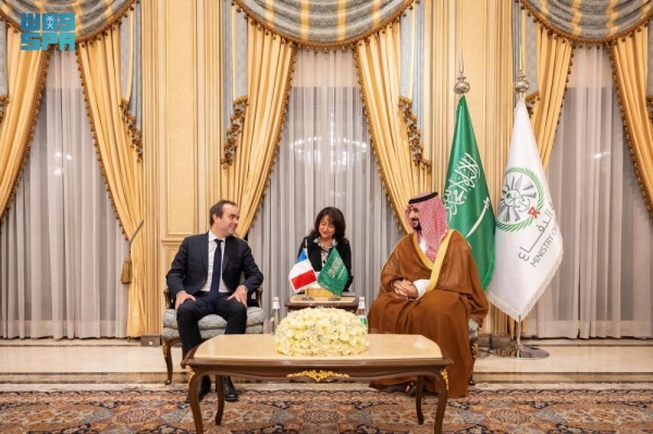 Defense Minister Prince Khalid bin Salman receives in Riyadh France's Minister of Armed Forces Sébastien Lecornu.
