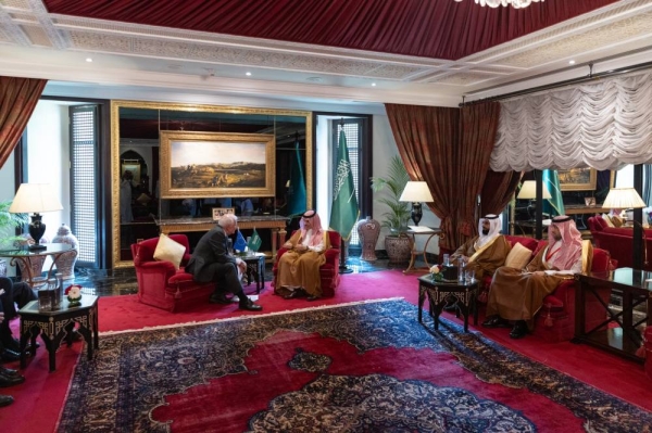 Foreign Minister Prince Faisal Bin Farhan during his meeting with Josep Borrell, the High Representative of the EU for Foreign Affairs and Security Policy.