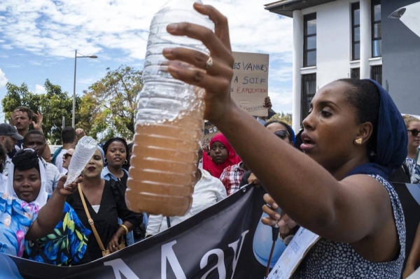 Racha Mousdikoudine protests water shortages in Mamoudzou on September 9, 2023. Amid the worst drought on the island since 1997, running water is only available one day out of three