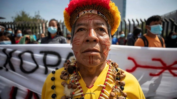 Indigenous people of the Siekopai nation demonstrated outside the National Court of Justice (CNJ) to demand the ratification of the right to keep 'invaders' out of their ancestral territory, in Quito, Ecuador, August 24, 2021