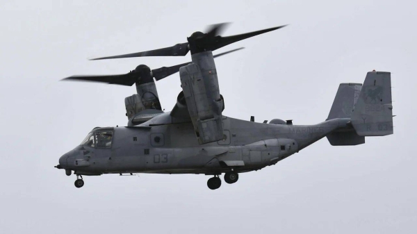 An Osprey aircraft takes off from US military port facilities in Naha, Okinawa Prefecture, Japan on March 20, 2023
