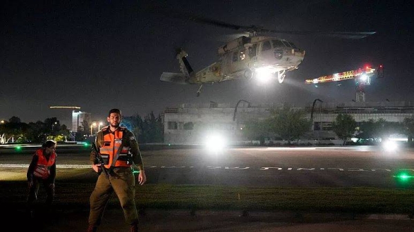 An Israeli Air Force helicopter carrying an Israeli hostage released by Hamas lands at the Sheba Medical Center in Ramat Gan, Israel -