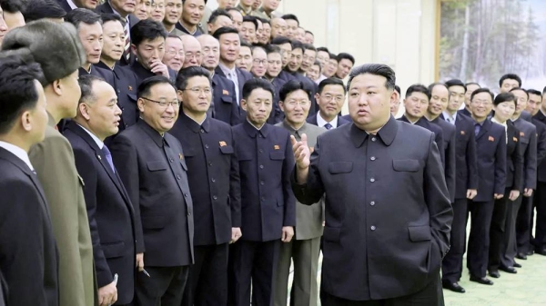 North Korea’s leader Kim Jong-un meets with members of the Non-Standing Satellite Launch Preparation Committee, in this picture released by the Korean Central News Agency on Nov. 24, 2023. — courtesy KCNA via Reuters/File