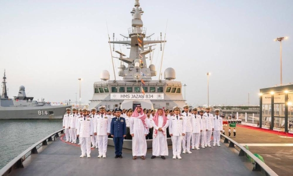 Minister of Defense Prince Khalid bin Salman attending the inaugural ceremony of ‘His Majesty’s Ship Jazan’ at King Faisal Naval Base in Jeddah on Monday