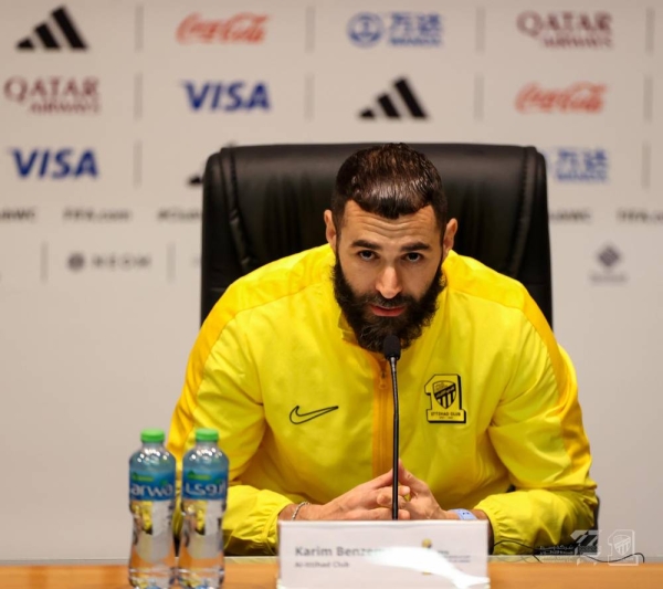 Karim Benzema speaking at a press conference in Jeddah.