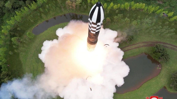 A Hwasong-18 intercontinental ballistic missile is launched from an undisclosed location in North Korea in this image released by North Korea's Korean Central News Agency on July 13, 2023