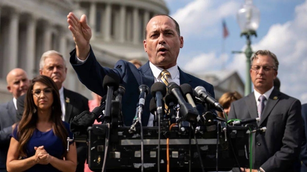 Rep. Bob Good, a Republican from Virginia, speaks during a news conference with members of the House Freedom Caucus outside the US Capitol on September 12, 2023
