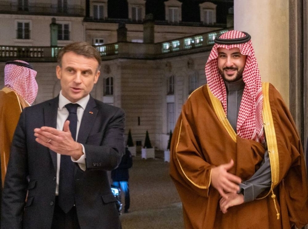 French President Emmanuel Macron welcomes Saudi Minister of Defense Prince Khalid bin Salman at the Elysee Palace.