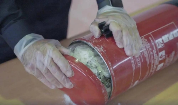 Customs officials discovered 6,170 grams of Shabu ingeniously concealed inside a fire extinguisher in one of the trucks at Al Batha border point.