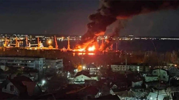 Unverified images of the attack on the port of Feodosiya were posted by the head of the Ukrainian air force
