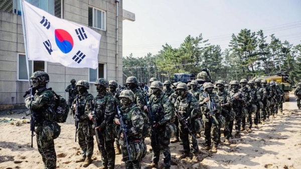 South Korean marines take part in the “Ssangyong 2023 Exercise” joint landing operation by US and South Korean Marines in the southeastern port of Pohang on March 29, 2023. — courtesy Getty Images