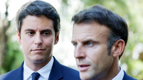 Gabriel Attal (left), seen with France's President Emmanuel Macron (right), has the task of leading the government into European Parliament elections in June