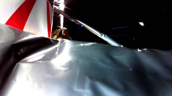 Astrobotic Technology, the company that developed the Peregrine lunar lander, shared the first image of the lander in space on Monday. The image was captured by a camera mounted atop a payload deck and shows Multi-Layer Insulation (MLI) on the exterior of the Peregrine lander in the foreground. — courtesy Astrobotic/X