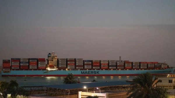 The Maersk Sentosa container ship sails southbound to exit the Suez Canal in Egypt on December 21, 2023
